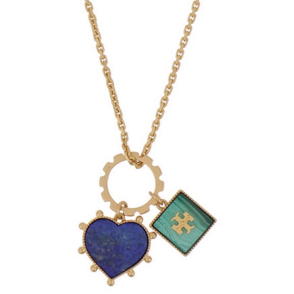 Tory Burch Gold Chain Necklace with Blue Heart and Teal Square Charms